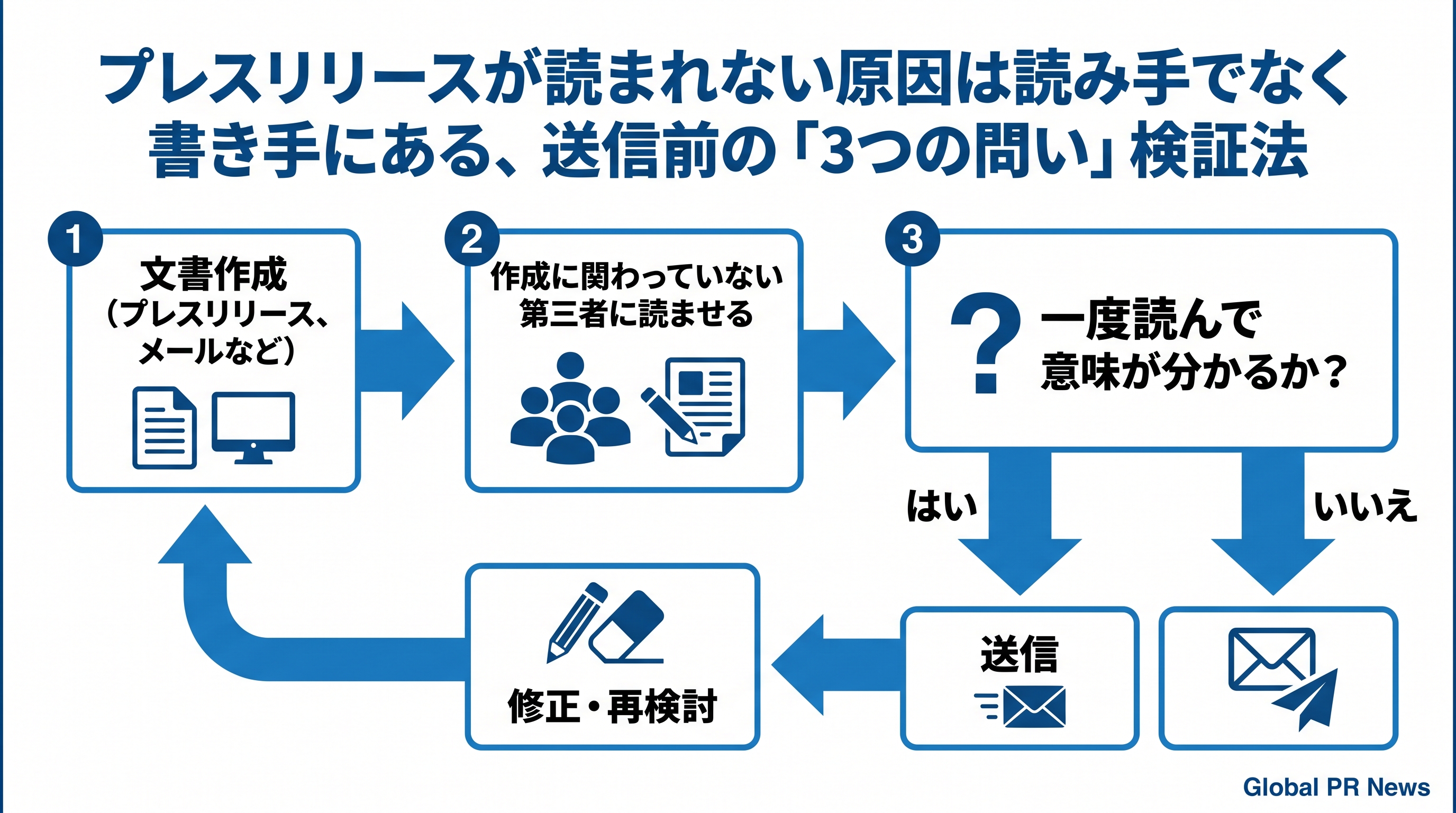 送信前に一度だけ、関与していない人に読ませる——「3つの問い」で広報文書の伝達力を検証する インフォグラフィック